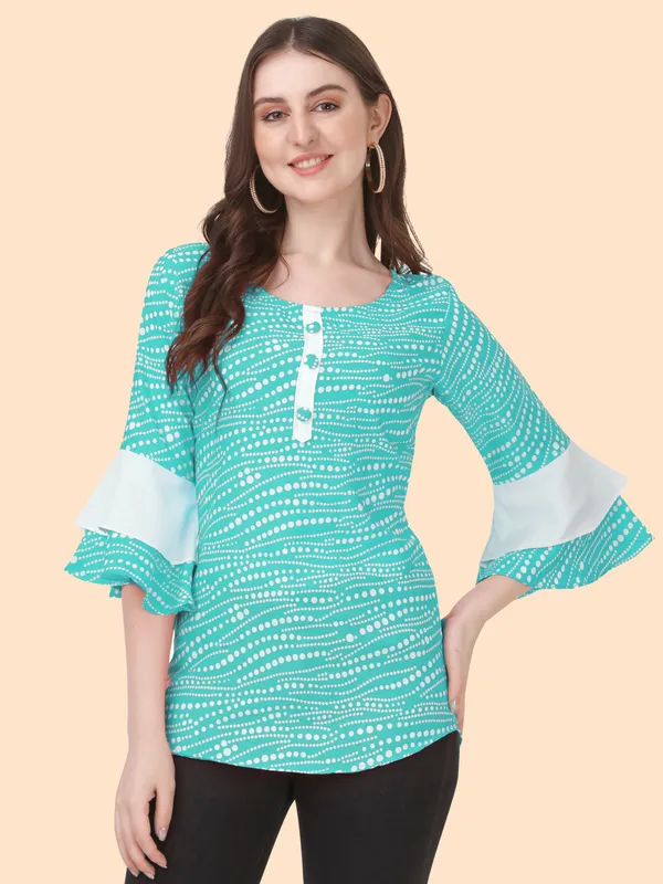 Sky_Crepe_Regular_Wear_White_Dot_Classisc_Bell_Sleeve_Tunic_Tops
