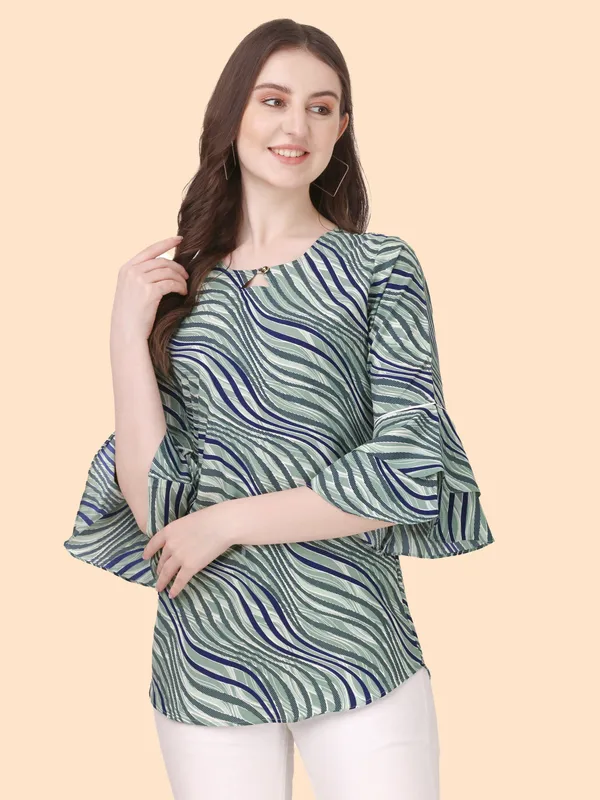 Green_Crepe_Stripe_Printed_Bell_Sleeve_Tunic_Tops