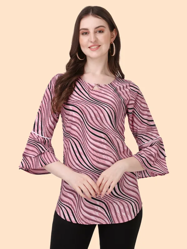 Peach_Crepe_Stripe_Printed_Bell_Sleeve_Tunic_Tops