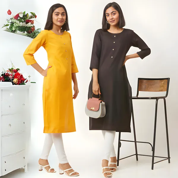 Yellow_&_Black_Premium_Cotton_Blend_Solid_Straight_Combo_Kurtis_With_Pocket