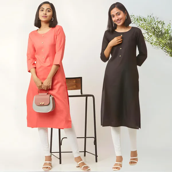 Pink_&_Black_Premium_Cotton_Blend_Solid_Straight_Combo_Kurtis_With_Pocket