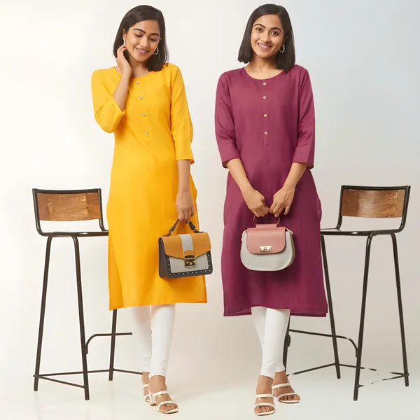 Yellow_&_Maroon_Premium_Cotton_Blend_Solid_Straight_Combo_Kurtis_With_Pocket