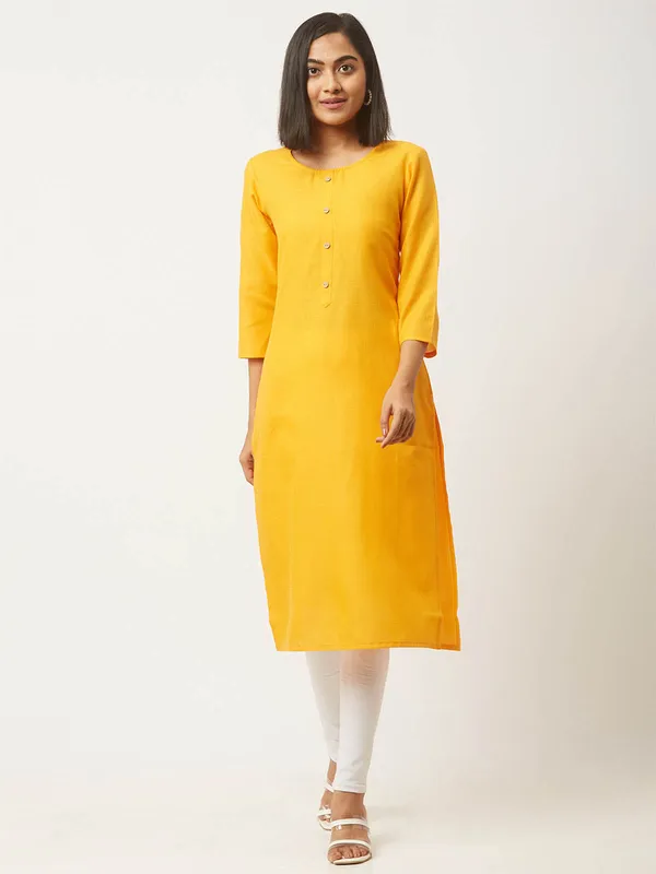 Yellow_&_Maroon_Premium_Cotton_Blend_Solid_Straight_Combo_Kurtis_With_Pocket