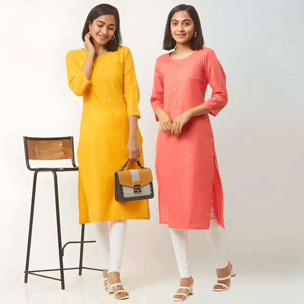 Yellow_&_Pink_Premium_Cotton_Blend_Solid_Straight_Combo_Kurtis_With_Pocket