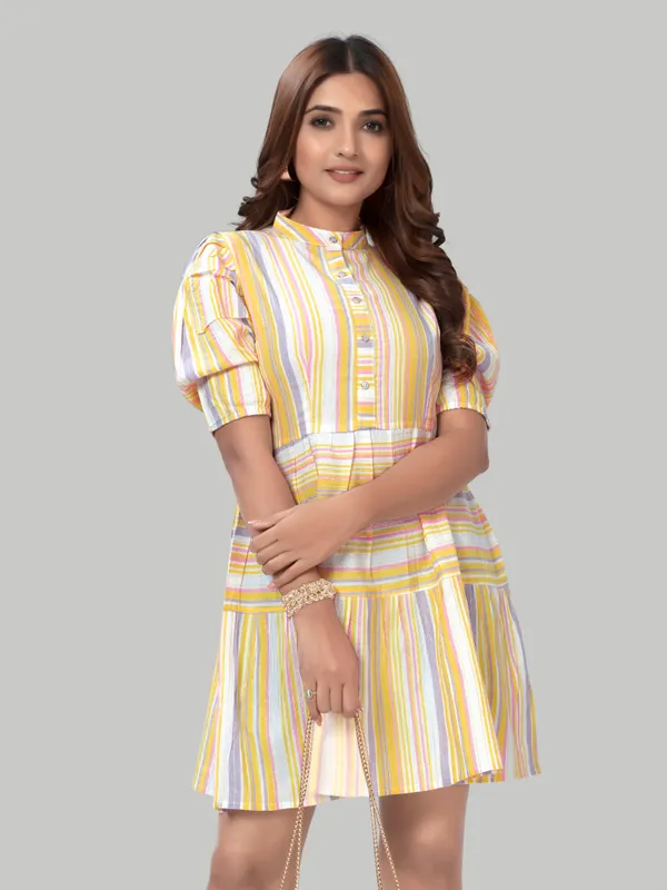 Light_Yellow_Cotton_Stripe_Pattern_Trendy_Puff_Sleeve_Dresses