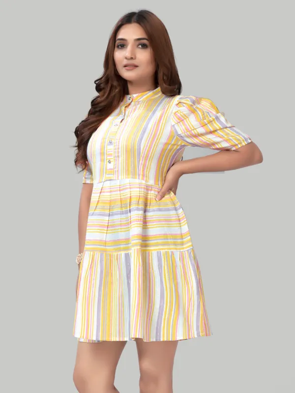 Light_Yellow_Cotton_Stripe_Pattern_Trendy_Puff_Sleeve_Dresses