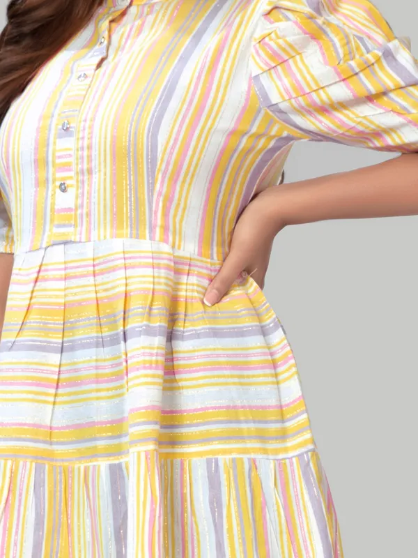 Light_Yellow_Cotton_Stripe_Pattern_Trendy_Puff_Sleeve_Dresses