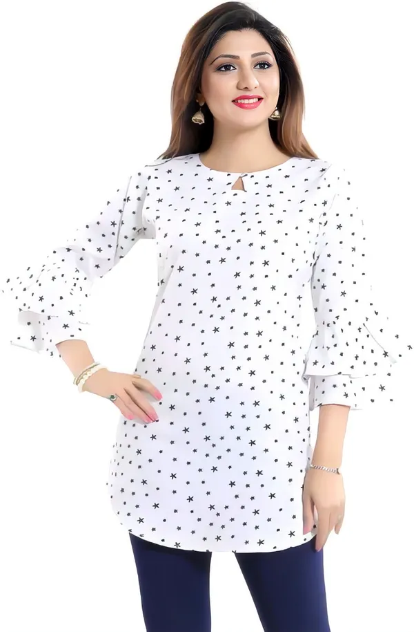White_Crepe_Floral_Printed_Keyhole_Neck_Tunic_Tops