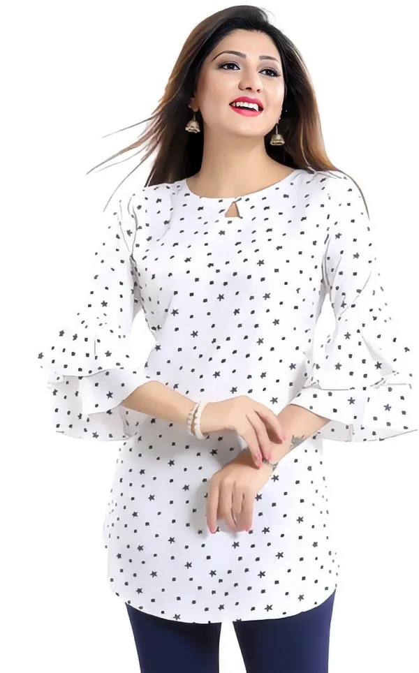 White_Crepe_Floral_Printed_Keyhole_Neck_Tunic_Tops