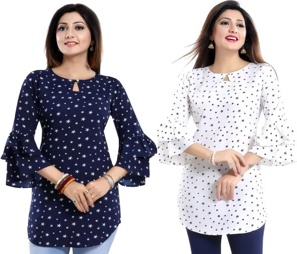 White_&_Blue_Crepe_Floral_&_Star_Printed_Stylish_Combo_Tunic_Tops