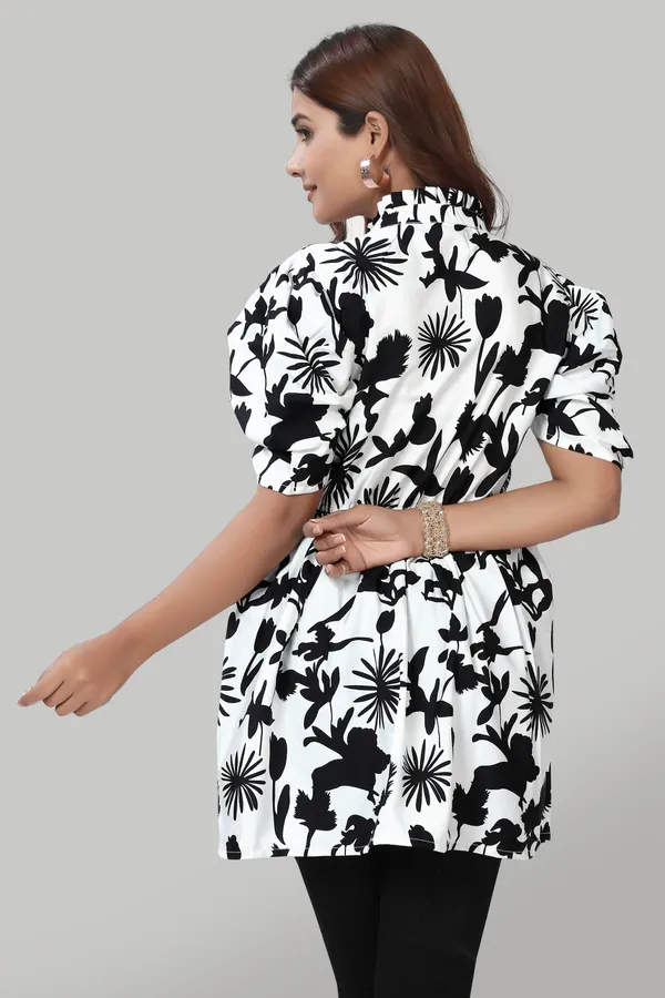 White_Crepe_Floral_Solid_Casual_Wear_Western_Ruffle_Neck_Tops
