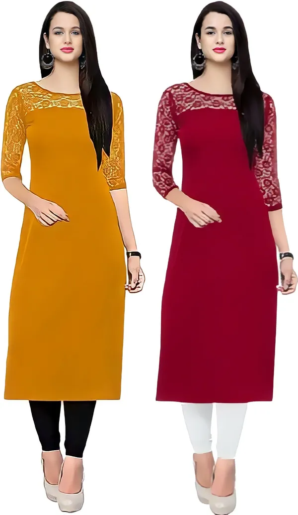 Women_Yellow_&_Maroon_Premium_Crepe_Solid_Straight_A-Line_Combo_Kurtis
