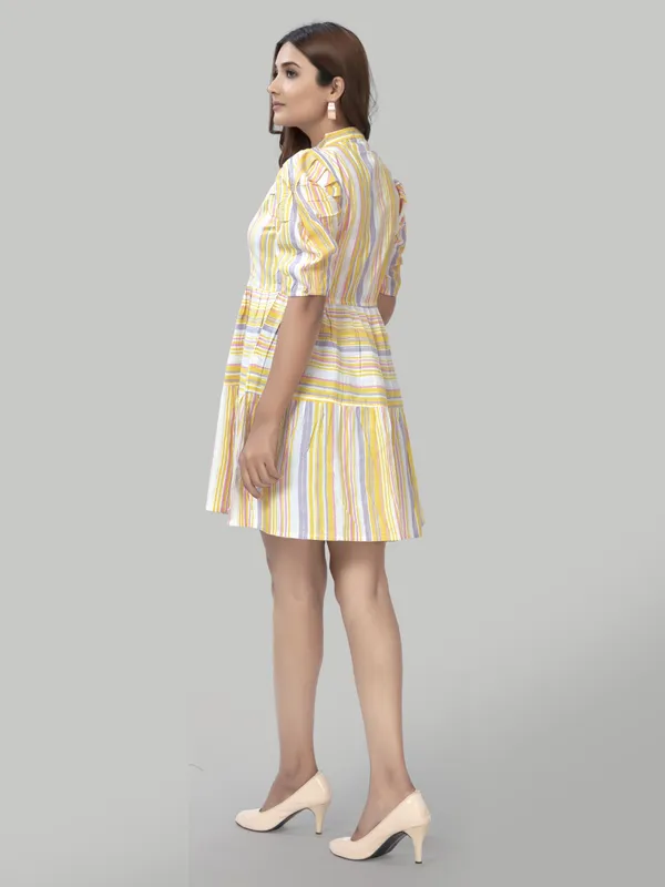 Light_Yellow_Cotton_Stripe_Pattern_Trendy_Puff_Sleeve_Dresses