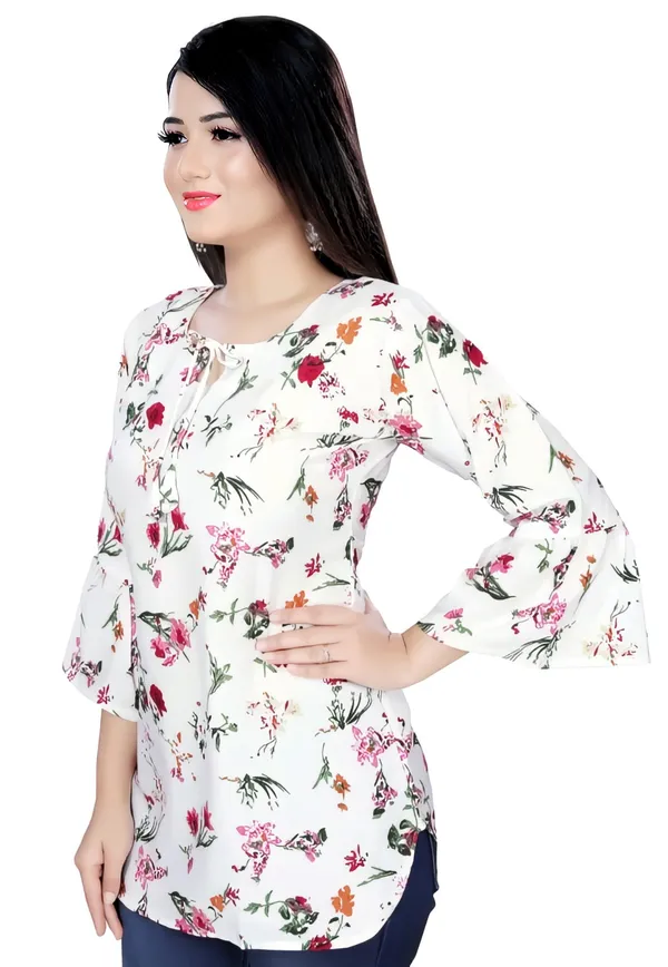 White_Crepe_Floral_Printed_Tie-Up_Neck_Tunic_Tops