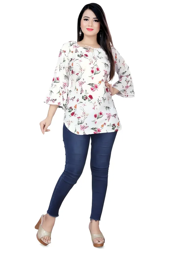 White_Crepe_Floral_Printed_Tie-Up_Neck_Tunic_Tops