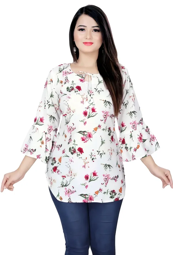 White_Crepe_Floral_Printed_Tie-Up_Neck_Tunic_Tops