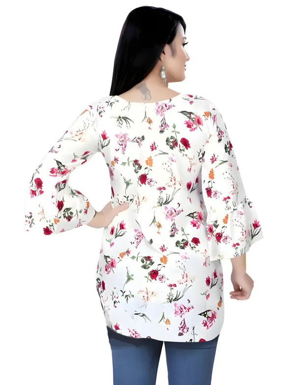 White_Crepe_Floral_Printed_Tie-Up_Neck_Tunic_Tops