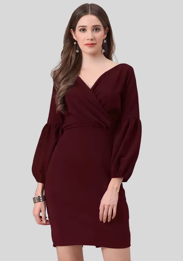 Maroon_Polyester_Party_Wear_V-Neck_With_Bishoop_Sleeve_Bodycon_Dress_For_Women