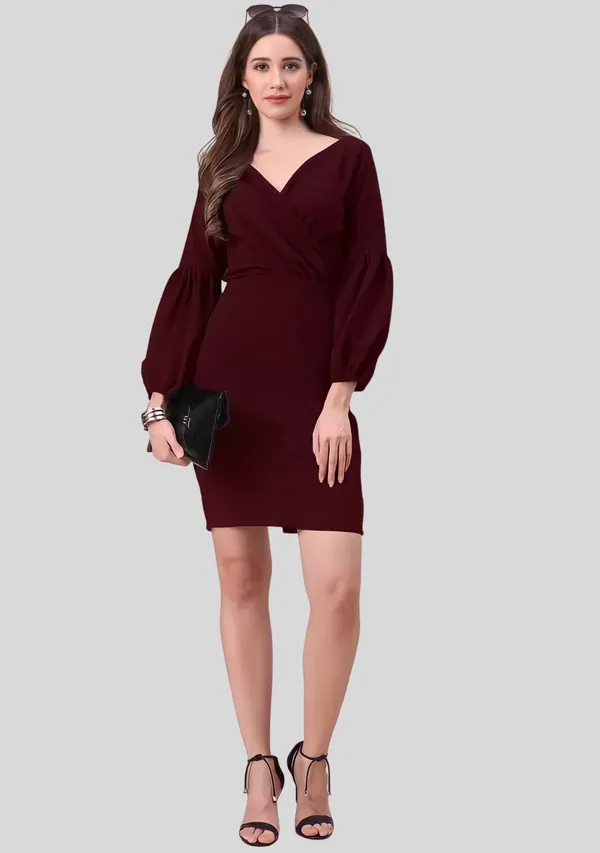Maroon_Polyester_Party_Wear_V-Neck_With_Bishoop_Sleeve_Bodycon_Dress_For_Women