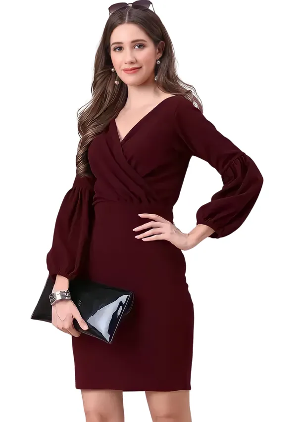 Maroon_Polyester_Party_Wear_V-Neck_With_Bishoop_Sleeve_Bodycon_Dress_For_Women