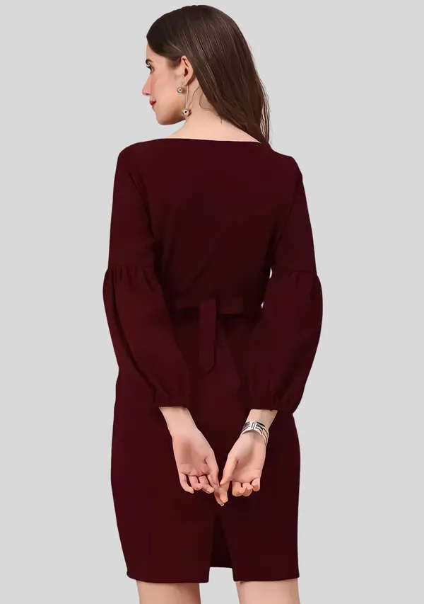 Maroon_Polyester_Party_Wear_V-Neck_With_Bishoop_Sleeve_Bodycon_Dress_For_Women