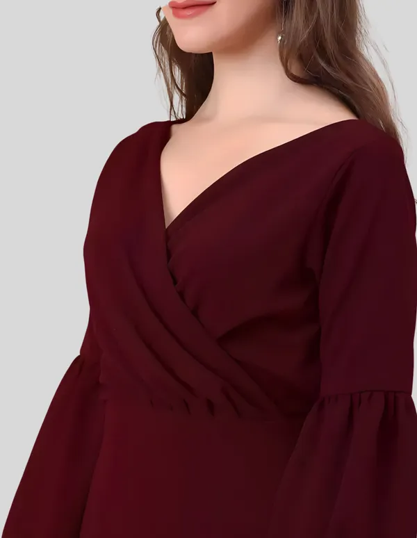 Maroon_Polyester_Party_Wear_V-Neck_With_Bishoop_Sleeve_Bodycon_Dress_For_Women