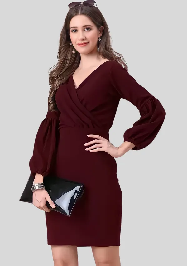 Maroon_Polyester_Party_Wear_V-Neck_With_Bishoop_Sleeve_Bodycon_Dress_For_Women