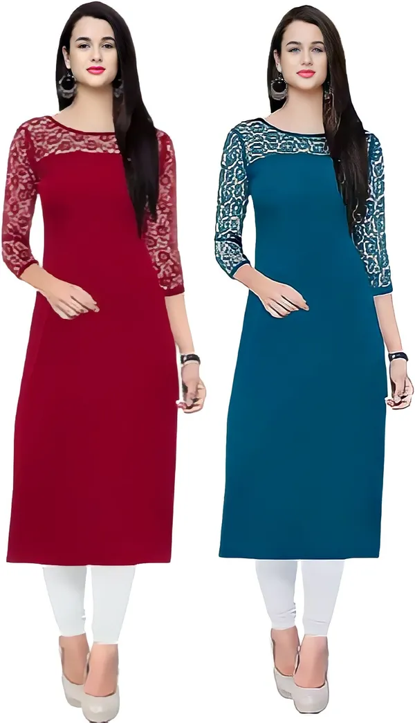 Women_Maroon_&_Teal_Premium_Crepe_Solid_Straight_A-Line_Combo_Kurtis