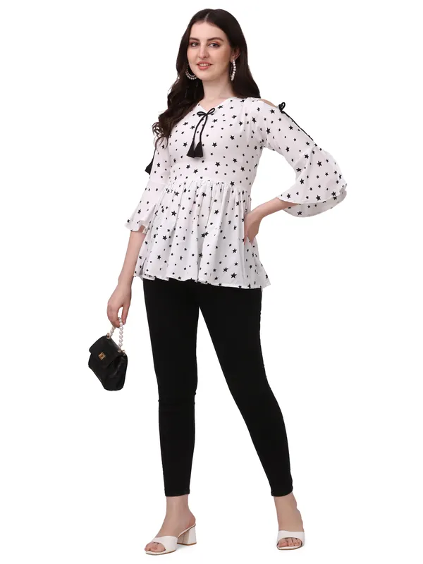 White_Crepe_Star_Printed_Bell_Sleeve_With_V-Neck_Tunic_Tops