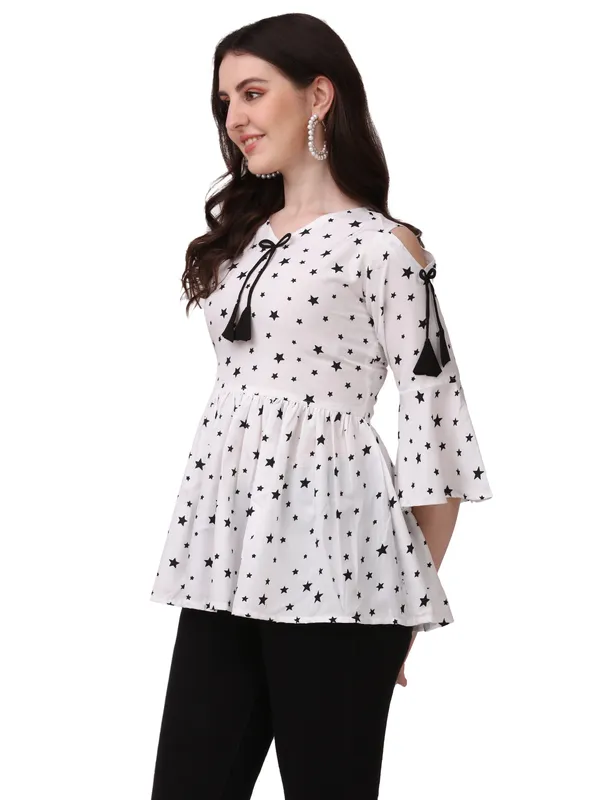White_Crepe_Star_Printed_Bell_Sleeve_With_V-Neck_Tunic_Tops