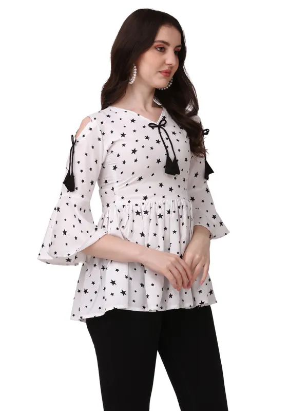 White_Crepe_Star_Printed_Bell_Sleeve_With_V-Neck_Tunic_Tops