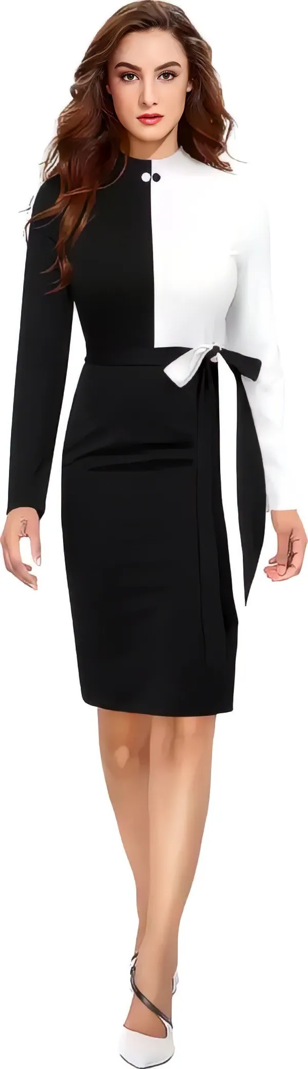 Black_&_White_Polyester_Classic_Neck_Bodycon_Dress_With_Comfortable_Belt