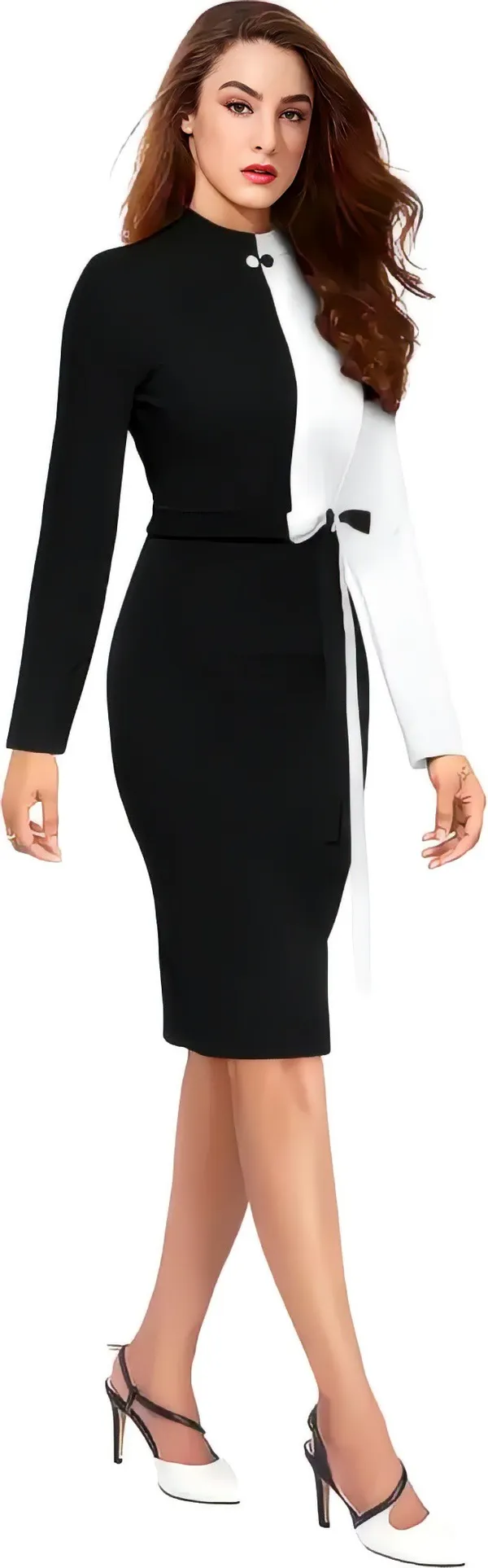 Black_&_White_Polyester_Classic_Neck_Bodycon_Dress_With_Comfortable_Belt
