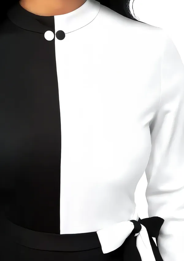 Black_&_White_Polyester_Classic_Neck_Bodycon_Dress_With_Comfortable_Belt