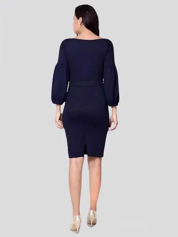 Dark_Blue_Polyester_Party_Wear_V-Neck_With_Bishoop_Sleeve_Bodycon_Dress_For_Women