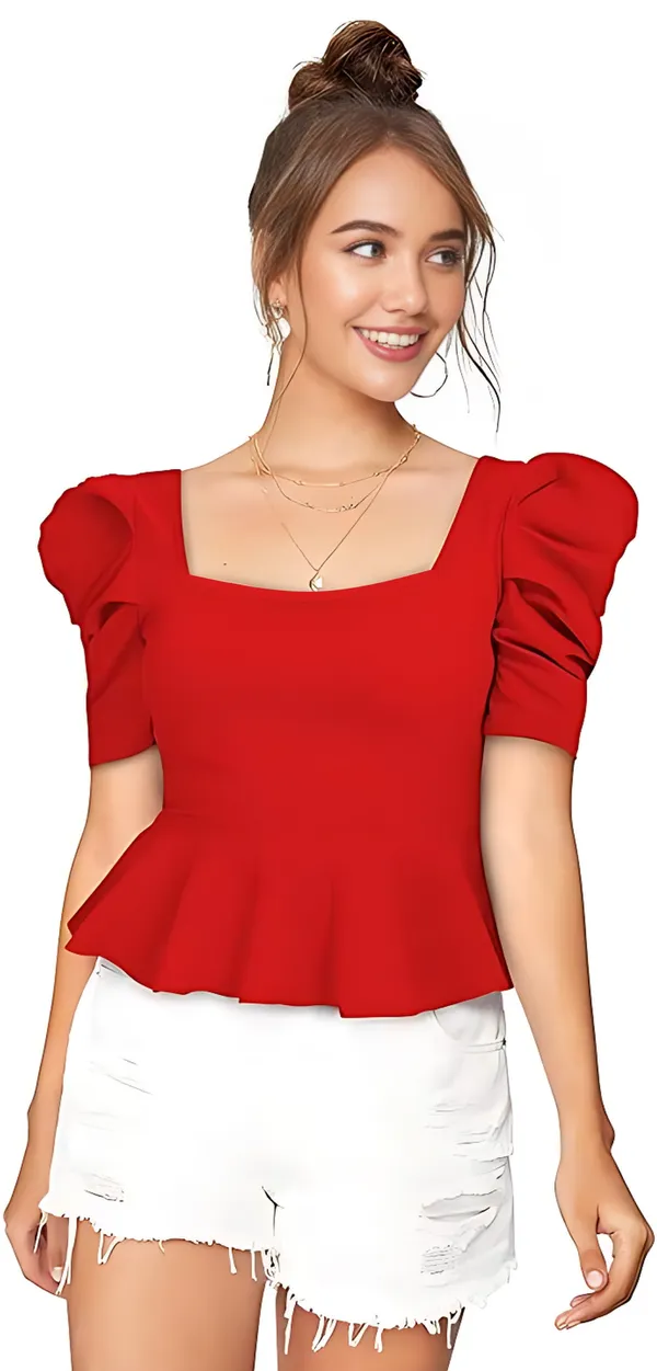 Women_&_Girls_Red_Polyester_Party_Wear_Solid_Puff_Sleeve_Western_Tops