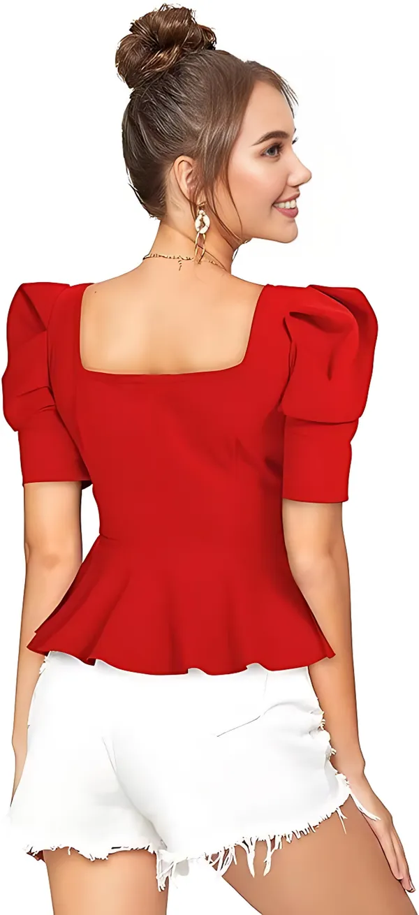 Women_&_Girls_Red_Polyester_Party_Wear_Solid_Puff_Sleeve_Western_Tops