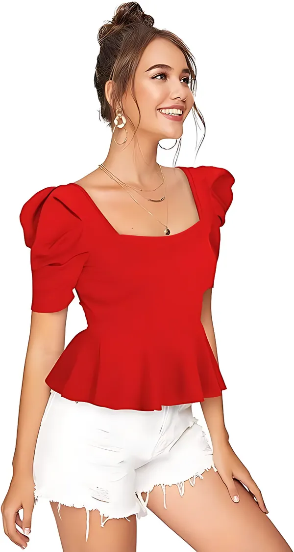 Women_&_Girls_Red_Polyester_Party_Wear_Solid_Puff_Sleeve_Western_Tops