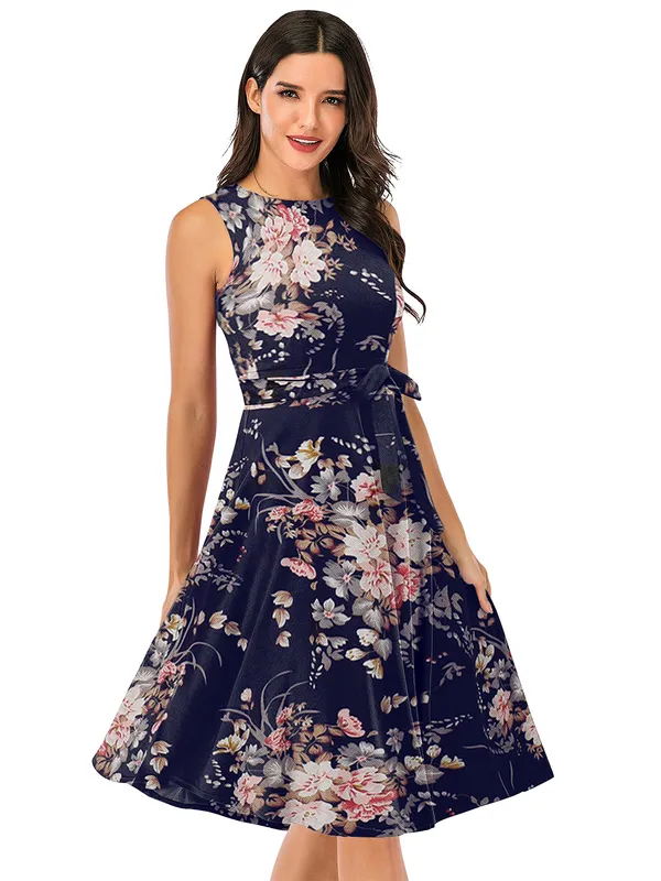 Blue_Women's__Short_Sleeve_Floral_Print_Belted_Casual_Mini_Tunic_Dress