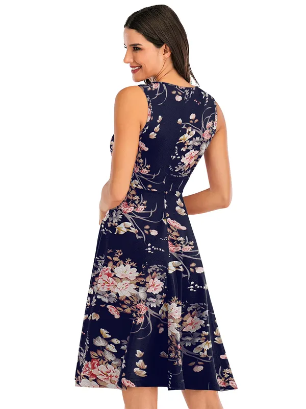 Blue_Women's__Short_Sleeve_Floral_Print_Belted_Casual_Mini_Tunic_Dress