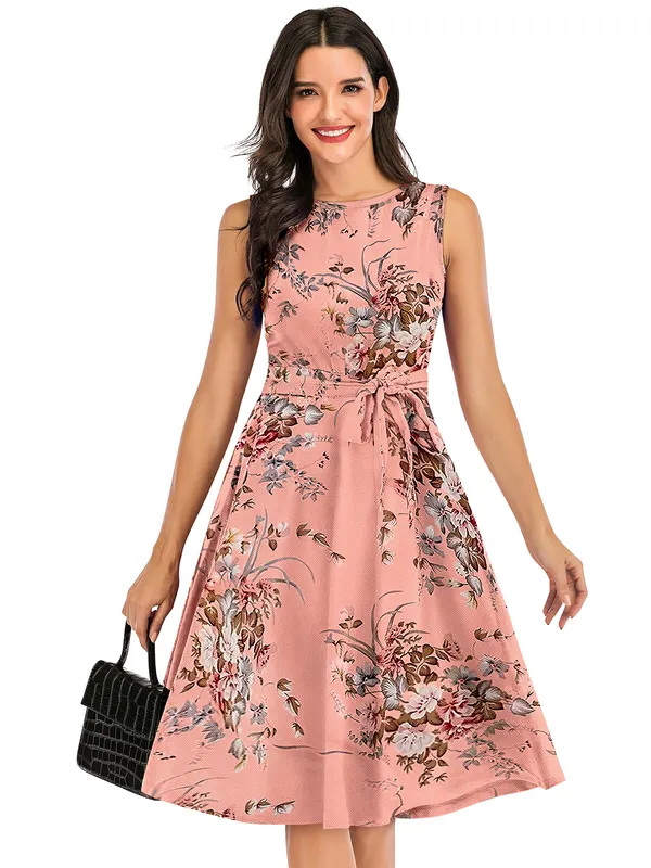 Pink_Women's__Short_Sleeve_Floral_Print_Belted_Casual_Mini_Tunic_Dress