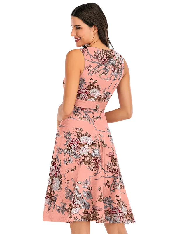 Pink_Women's__Short_Sleeve_Floral_Print_Belted_Casual_Mini_Tunic_Dress