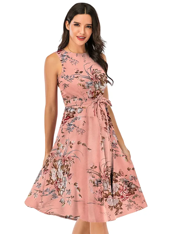 Pink_Women's__Short_Sleeve_Floral_Print_Belted_Casual_Mini_Tunic_Dress