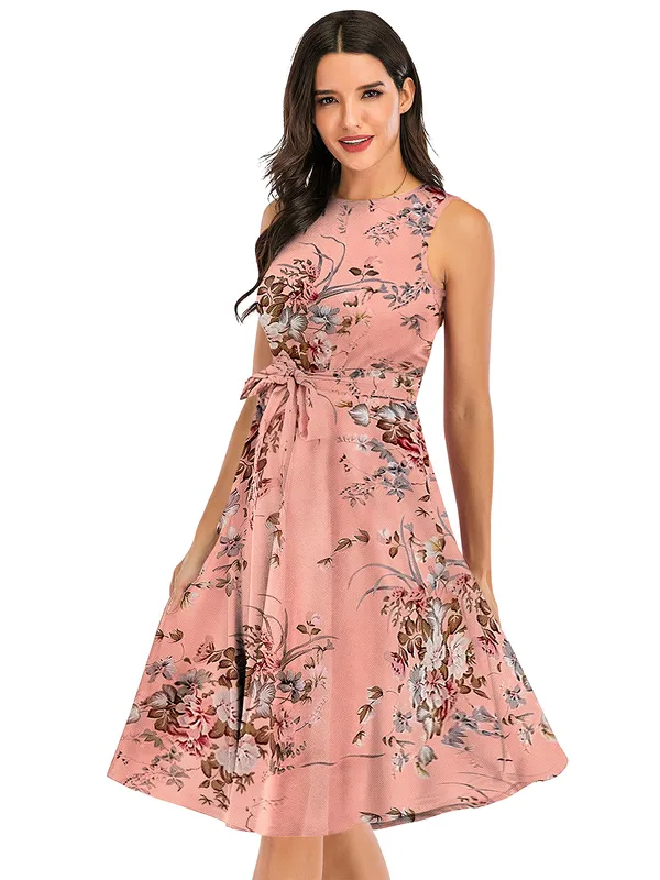 Pink_Women's__Short_Sleeve_Floral_Print_Belted_Casual_Mini_Tunic_Dress