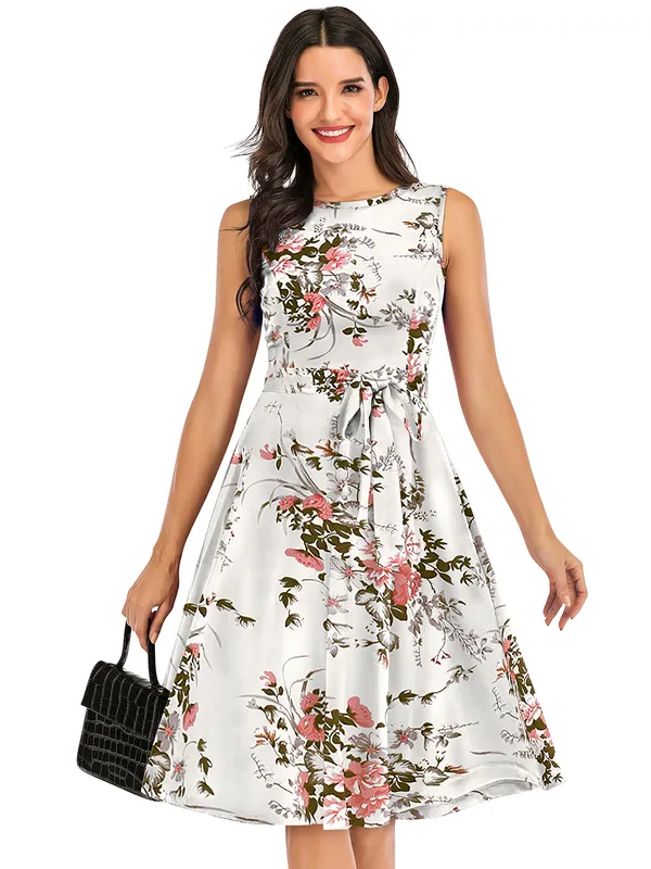 White_Women's__Short_Sleeve_Floral_Print_Belted_Casual_Mini_Tunic_Dress