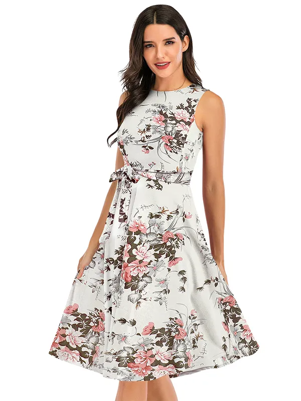 White_Women's__Short_Sleeve_Floral_Print_Belted_Casual_Mini_Tunic_Dress