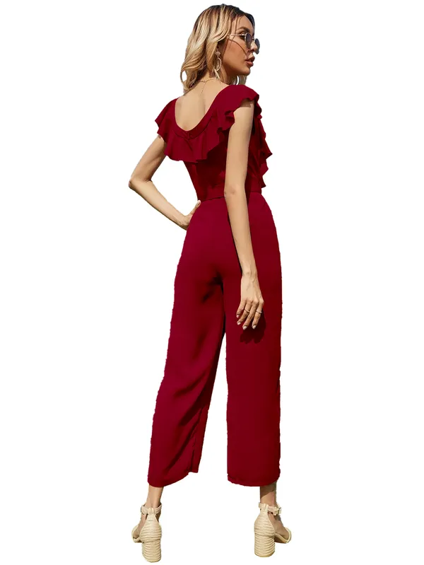 Maroon_Stylish_and_____Trendy_Women's_Jumpsuit_in_Poly__Cotton_Blend_Cape_Sleeve