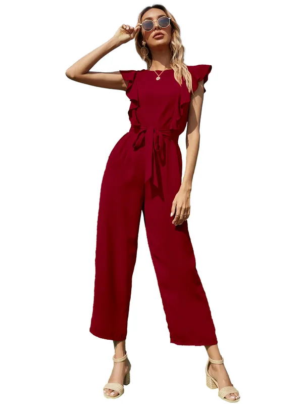 Maroon_Stylish_and_____Trendy_Women's_Jumpsuit_in_Poly__Cotton_Blend_Cape_Sleeve