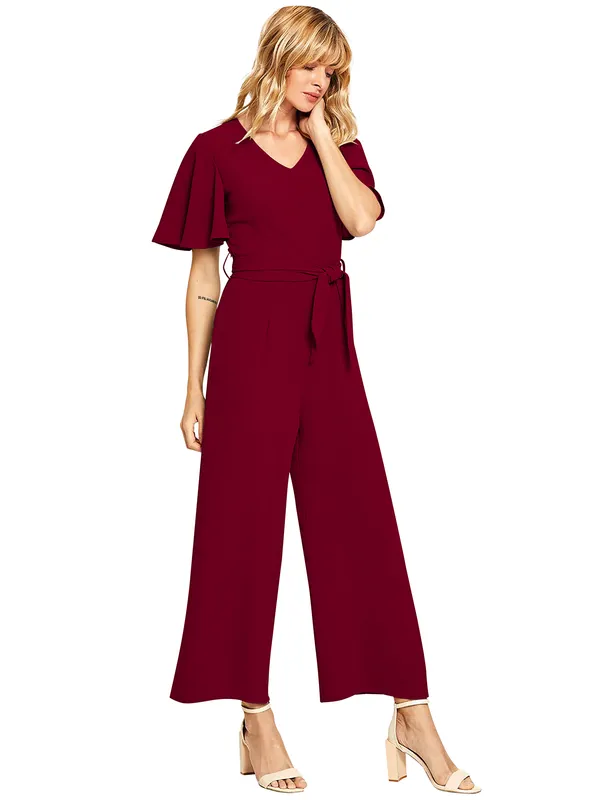 Maroon_Stylish_and_____Trendy_Women's_Jumpsuit_in_Poly__Cotton_Blend_Cape_Sleeve