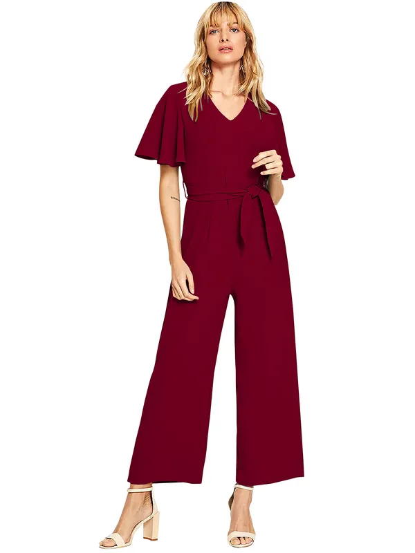 Maroon_Stylish_and_____Trendy_Women's_Jumpsuit_in_Poly__Cotton_Blend_Cape_Sleeve